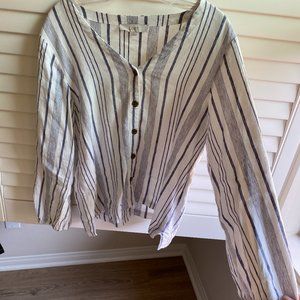 LOFT Blue and White Striped Linen Blend Blouse